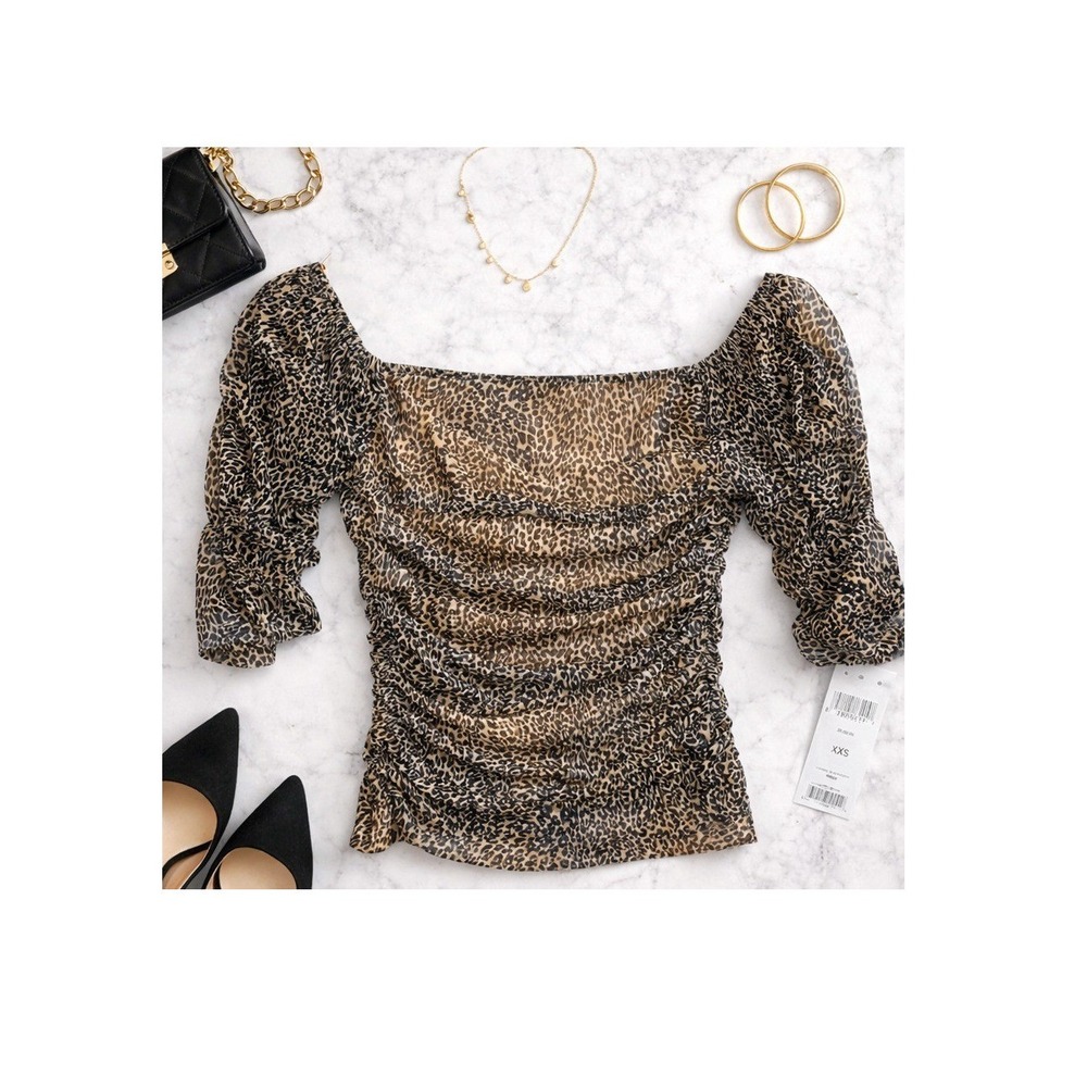 Anthropologie Leopard Mesh Ruched Off Shoulder Sheer Stretch Blouse Top XXS